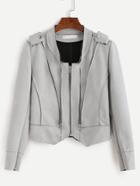 Romwe Pale Grey Epaulet Zipper Detail Suede Biker Jacket