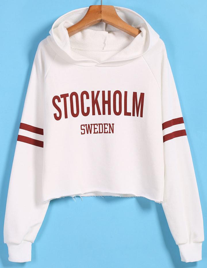 Romwe Stockholm Print Hooded Crop White Sweatshirt