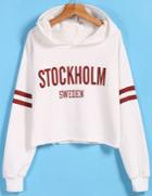 Romwe Stockholm Print Hooded Crop White Sweatshirt