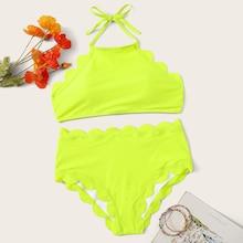 Romwe Neon Lime Scalloped Halter Top With High Waist Bikini