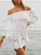 Romwe Beige Off The Shoulder Bell Sleeve Crochet Dress