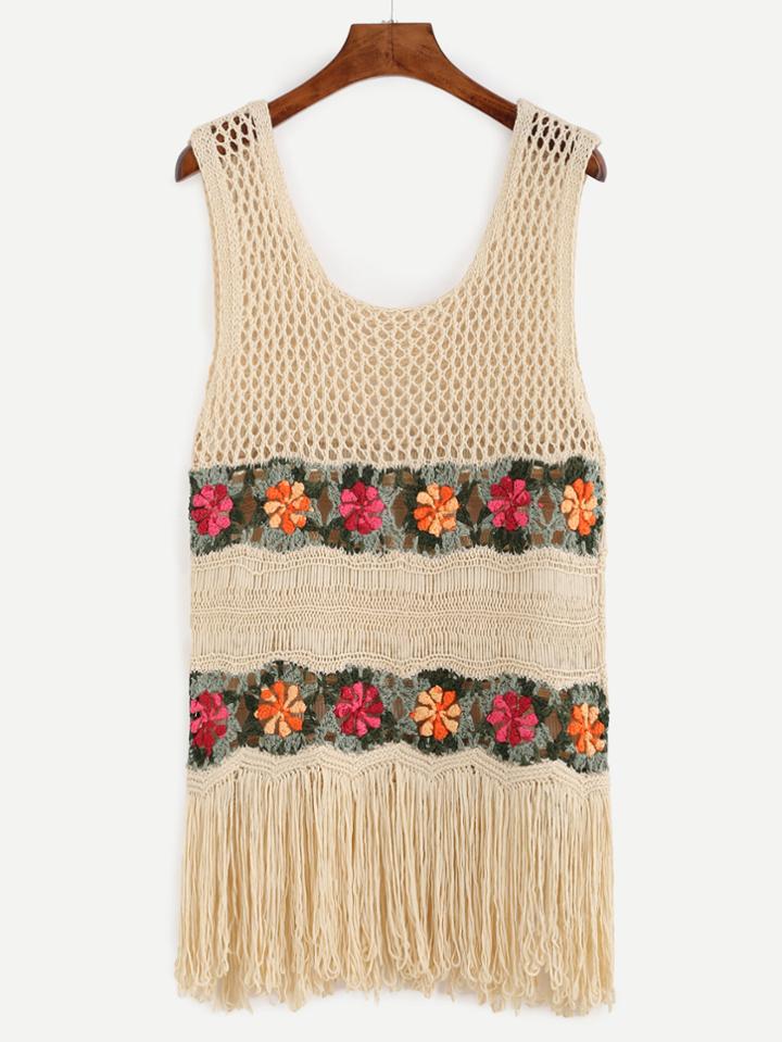 Romwe Beige Scoop Neck Fringe Trim Crochet Top