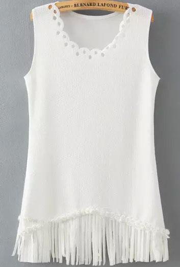 Romwe With Tassel Hollow White Dress