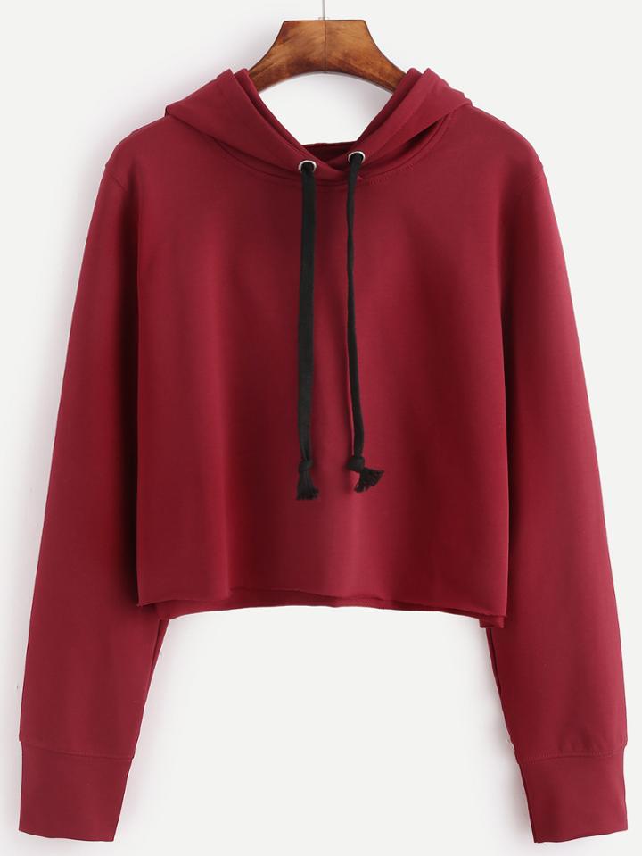 Romwe Red Raw Hem Crop Hooded Sweatshirt