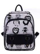 Romwe Black White Owl Print Canvas Backpack