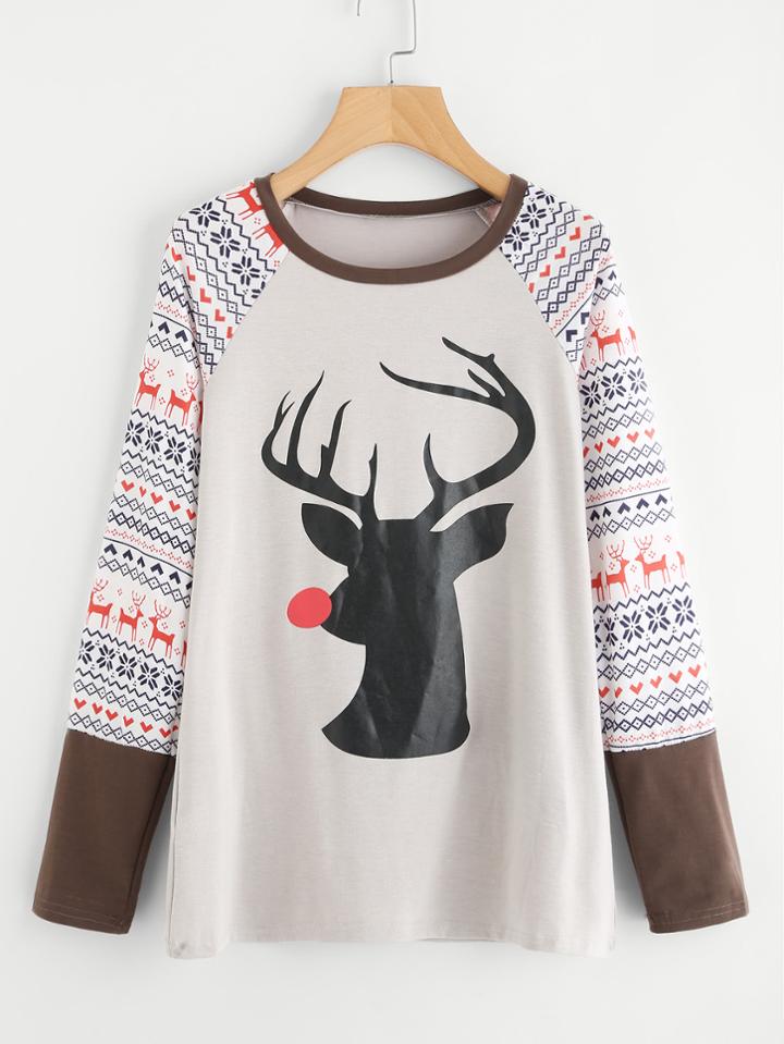 Romwe Elk Print Raglan Sleeve Tee
