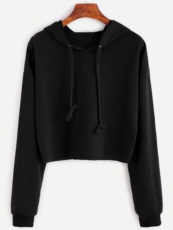 Romwe Black Drop Shoulder Ripped Drawstring Hooded Sweatshirt