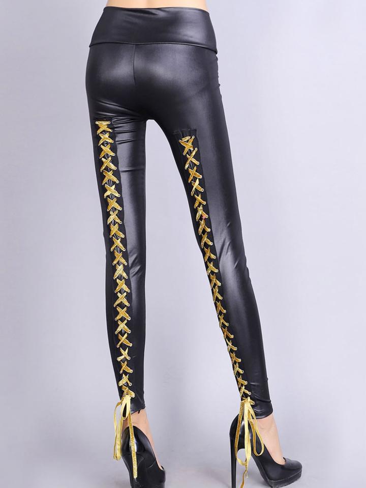 Romwe Yellow High Waist Lace Up Pu Leggings