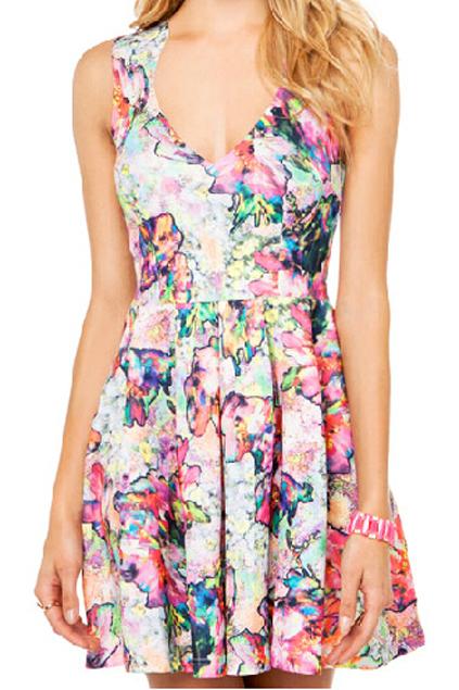 Romwe Romwe Floral Print Pleated Slim Dress