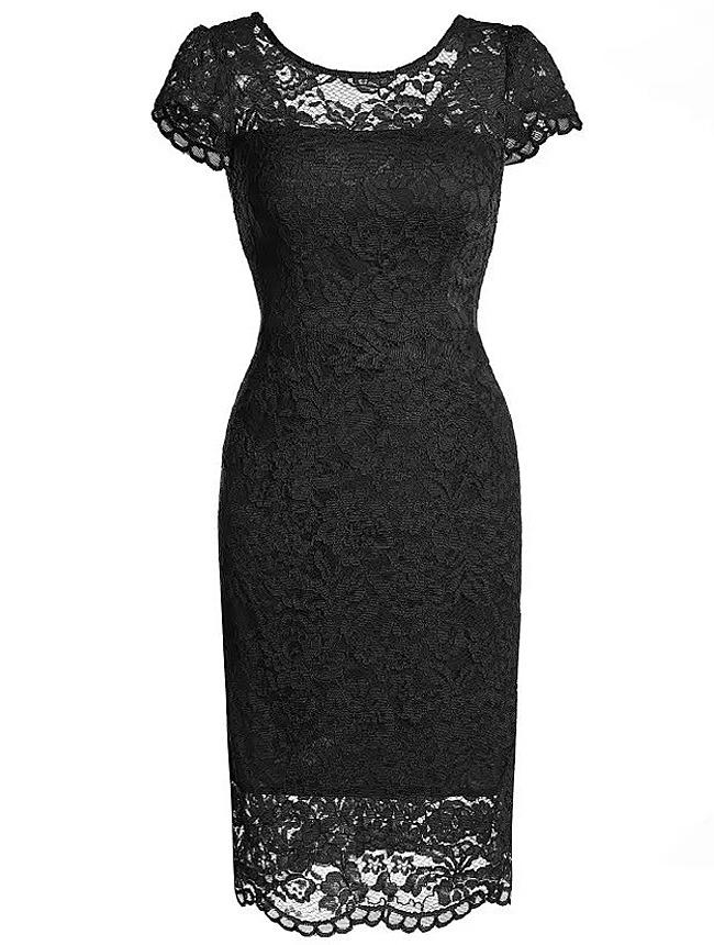 Romwe Black Round Neck Cap Sleeve Backless Lace Dress