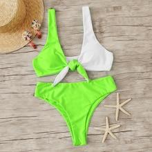 Romwe Neon Green Two Tone Knot Front Bikini Set