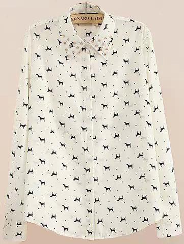 Romwe White Lapel Rivet Polka Dot Dogs Print Blouse