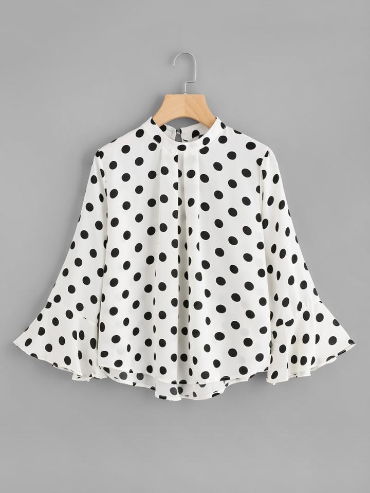 Romwe Fluted Sleeve Polka Dot Pleated Front Blouse