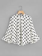 Romwe Fluted Sleeve Polka Dot Pleated Front Blouse