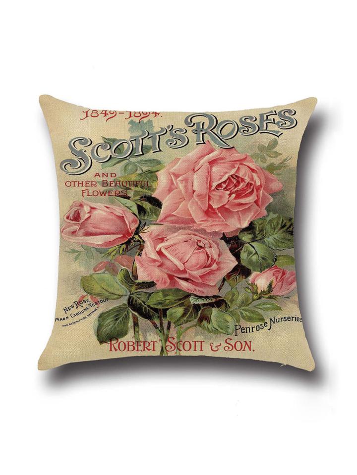 Romwe Khaki Rose Print Linen Cushion Cover