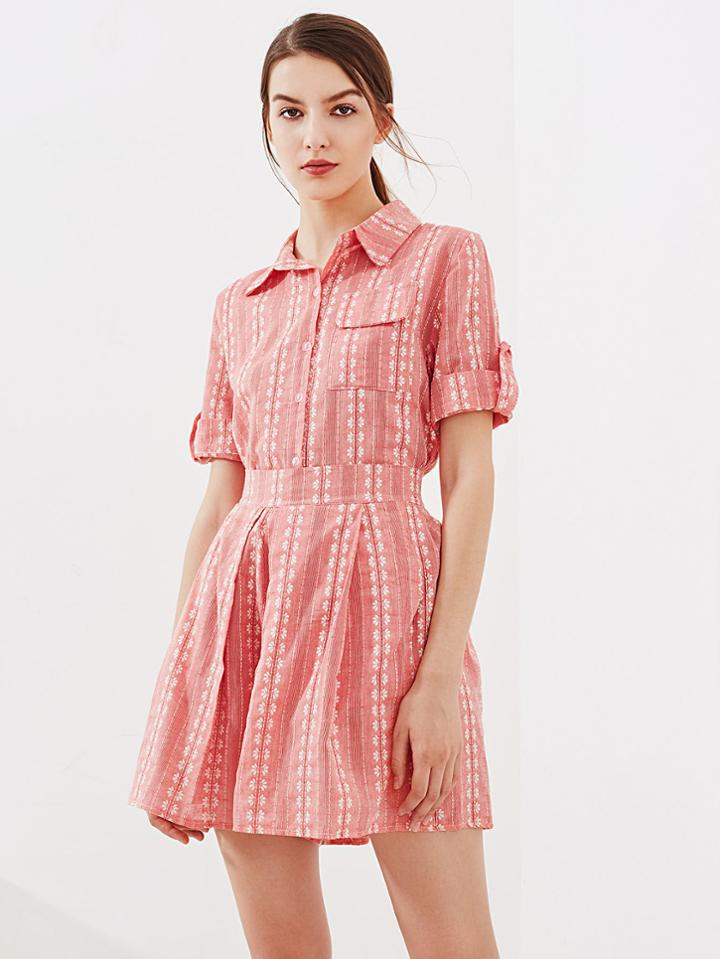 Romwe Roll-up Sleeve Calico Print Shirt With Pleated Skort