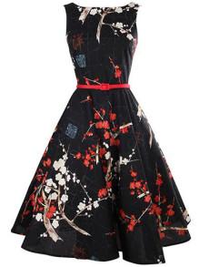 Romwe Floral Print Flare Dress With Belt