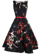 Romwe Floral Print Flare Dress With Belt