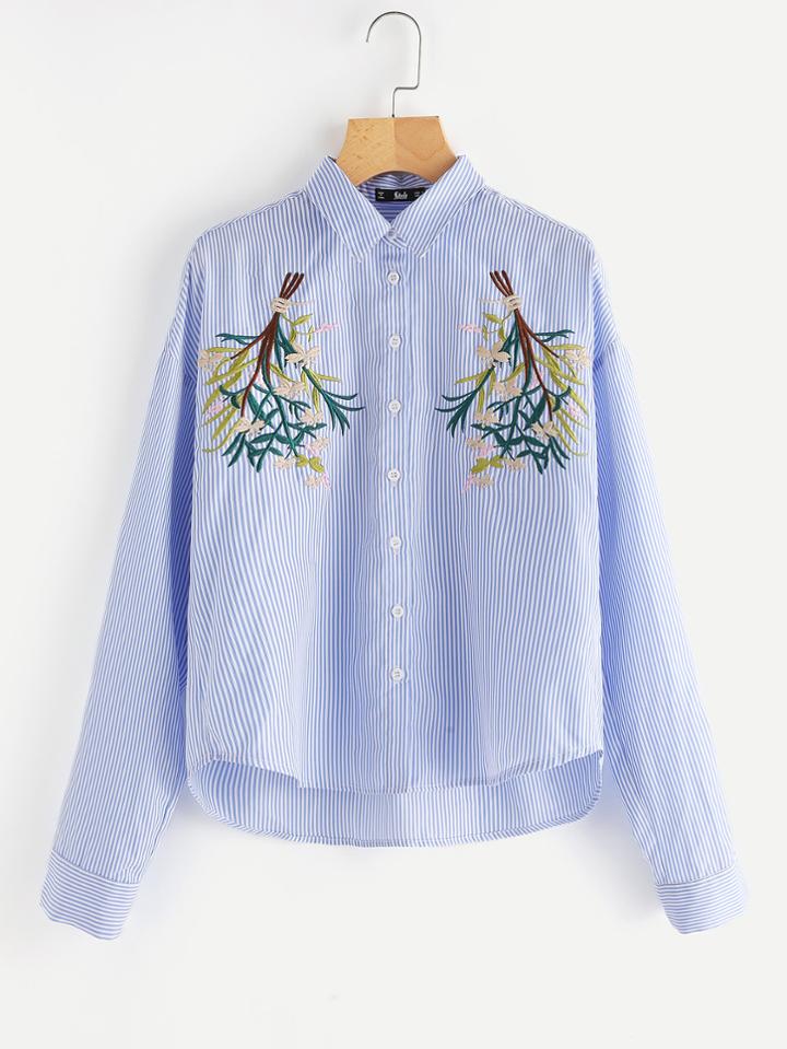 Romwe Symmetric Flower Bunch Embroidered Pinstripe Shirt