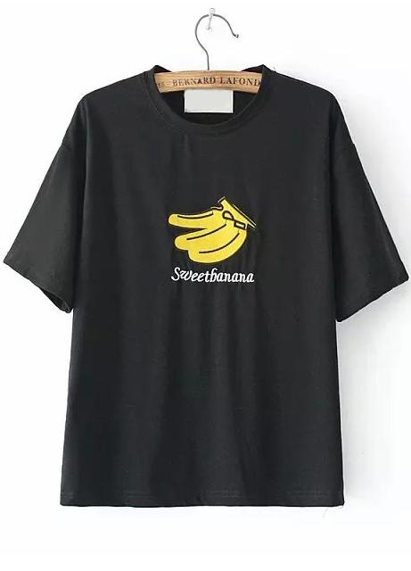 Romwe Banana Letter Embroidered Black T-shirt