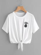 Romwe Pineapple Embroidered Tie Front Tee