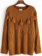 Romwe Long Sleeve Fringe Khaki Sweater