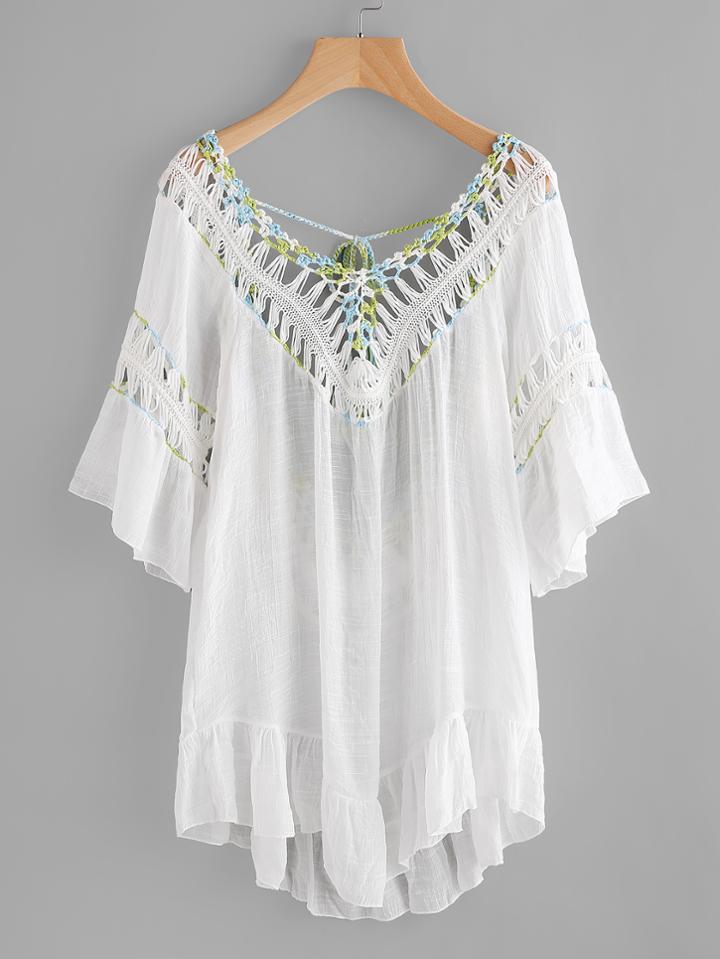 Romwe Crochet Detail Tie Back Frill Cover Up