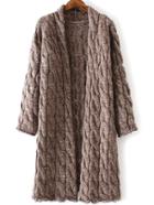 Romwe Coffee Cable Knit Open Front Thick Sweater Coat