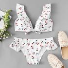 Romwe Cherry Print Ruffle Top With Low Rise Bikini