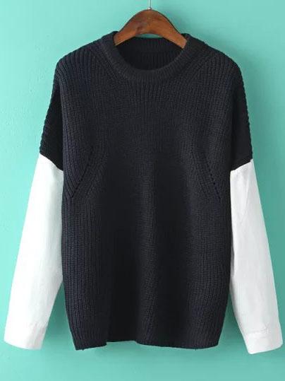 Romwe Contrast Sleeve Dip Hem Navy Sweater