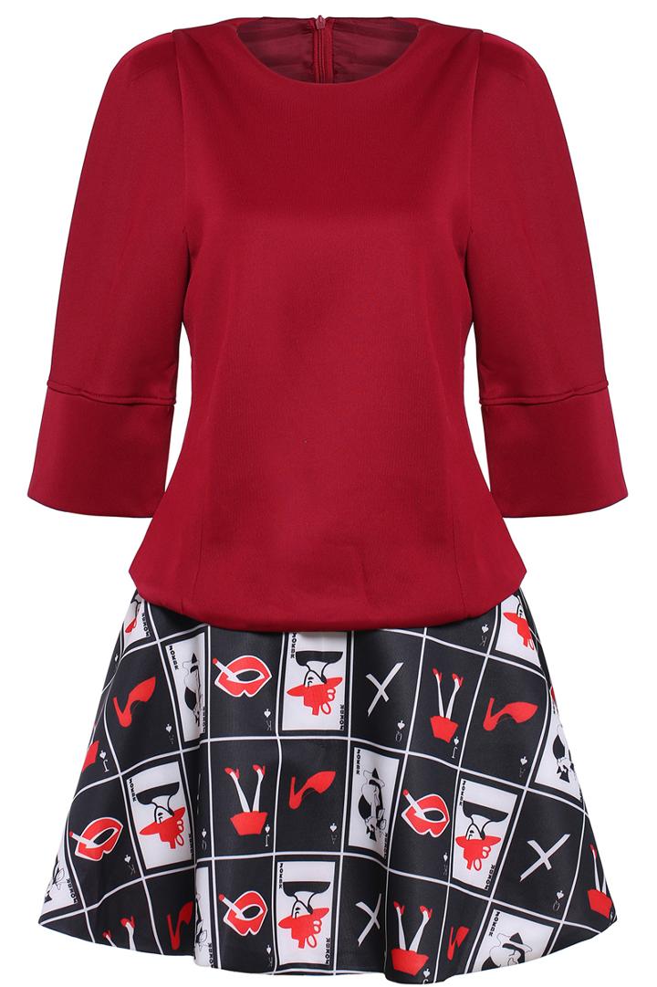 Romwe Puff Sleeve Red Top With Poker Print Skirt
