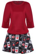 Romwe Puff Sleeve Red Top With Poker Print Skirt