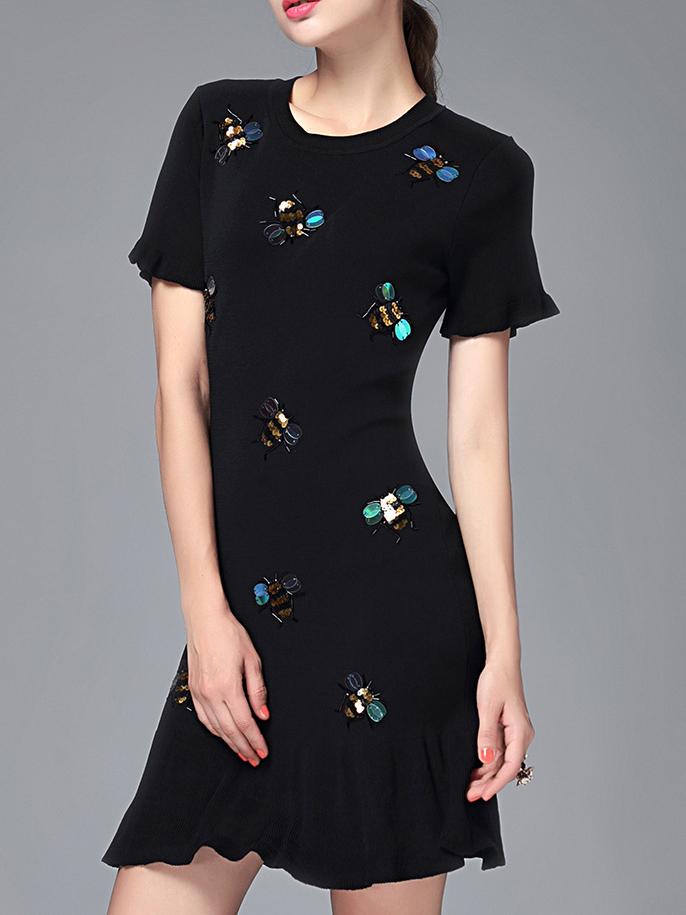 Romwe Black Ruffle Sleeve Bees Beading Knit Dress