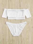 Romwe Mesh Insert Off The Shoulder Bikini Set