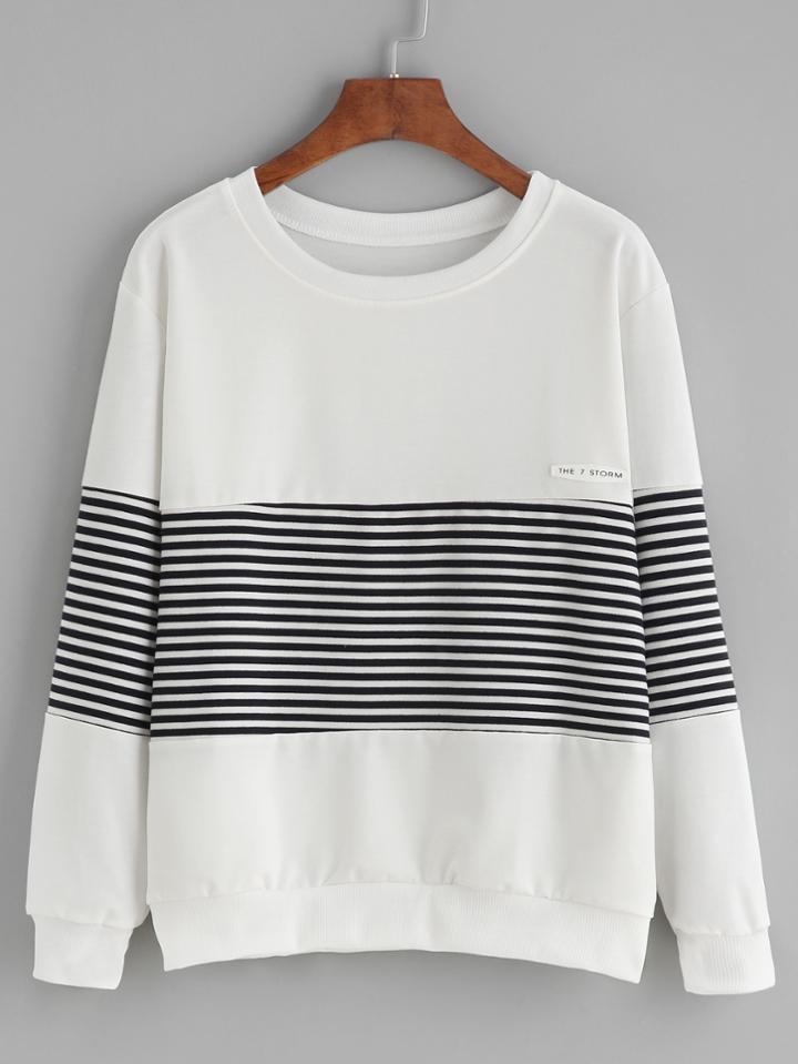 Romwe White Striped Patch Sweatshirt