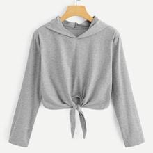 Romwe Knot Hem Hoodie Solid Tee