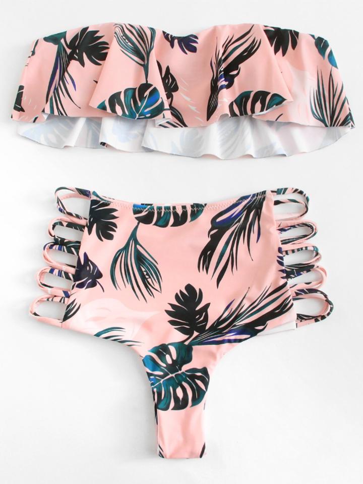 Romwe Palm Print Bandeau Bikini Set