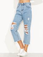 Romwe Blue Distressed Ripped Raw Hem Jeans