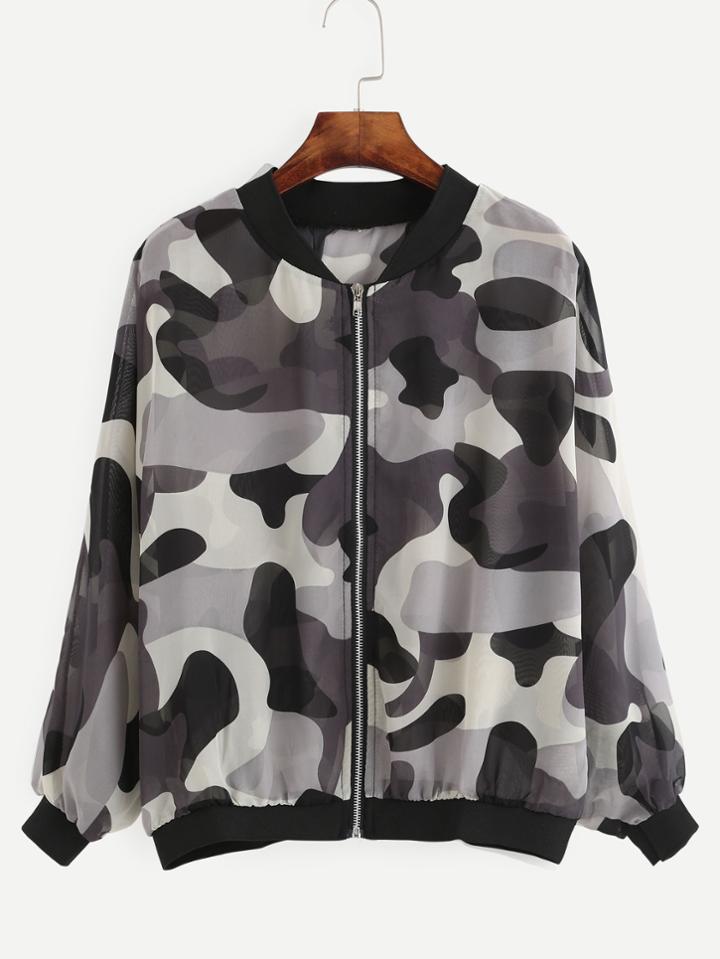 Romwe Grey Camo Print Chiffon Bomber Jacket