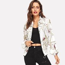 Romwe Chain Print Frilled Neck Zip Up Jacket