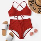 Romwe Criss-cross Self Tie Rib-knit Bikini Set