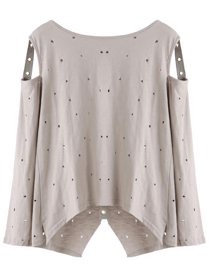 Romwe Grey Distressed Metal Eyelet Cut Out Dip Hem T-shirt