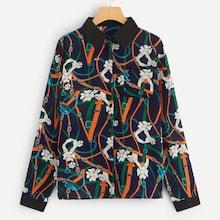 Romwe Plus Chain Print Single-breasted Blouse