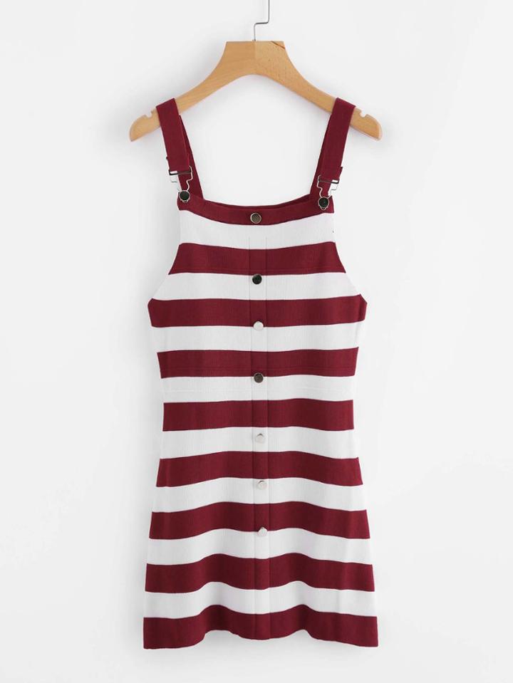 Romwe Button Front Wide Striped Knit Pinafore Dress
