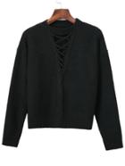 Romwe Black Criss Cross Ribbed Trim Drop Shoulder Sweater