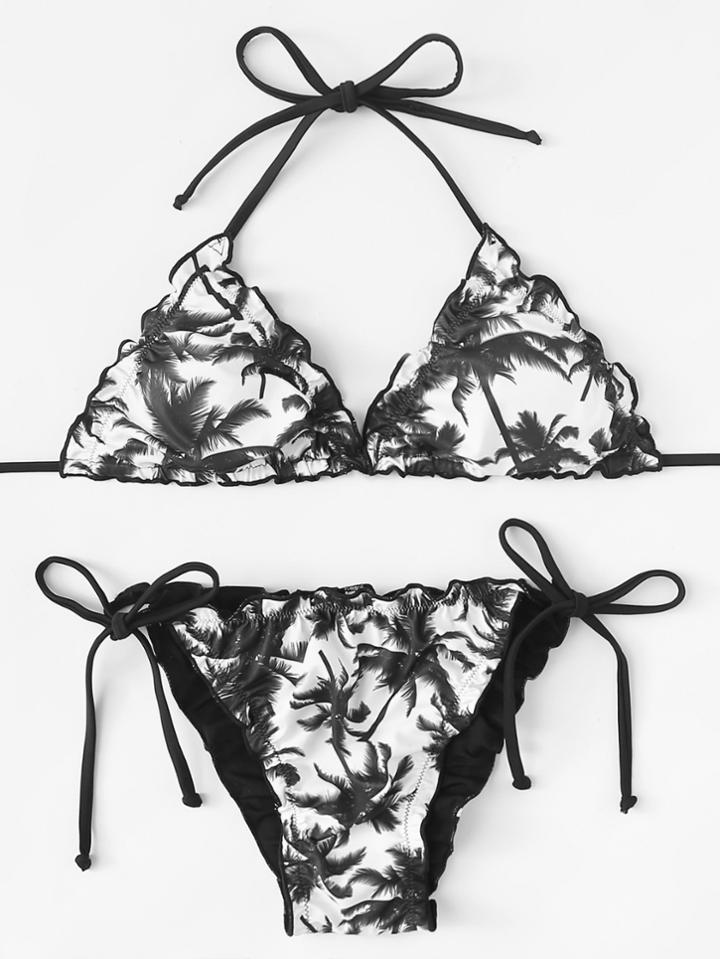 Romwe Palm Tree Print Frilled Trim Bikini Set