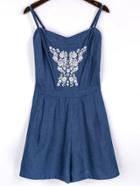 Romwe Embroidered Shirred Back Blue Denim Cami Romper