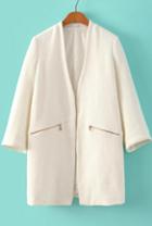 Romwe White Zipper Collarless Winter Coat