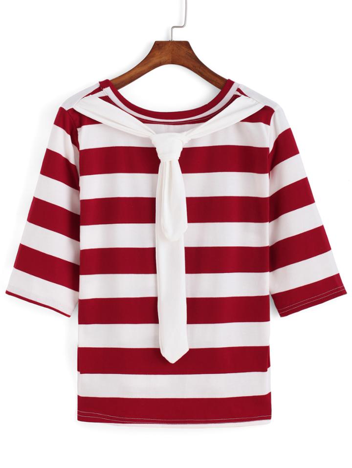 Romwe Self-tie Striped Maroon T-shirt