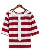 Romwe Self-tie Striped Maroon T-shirt